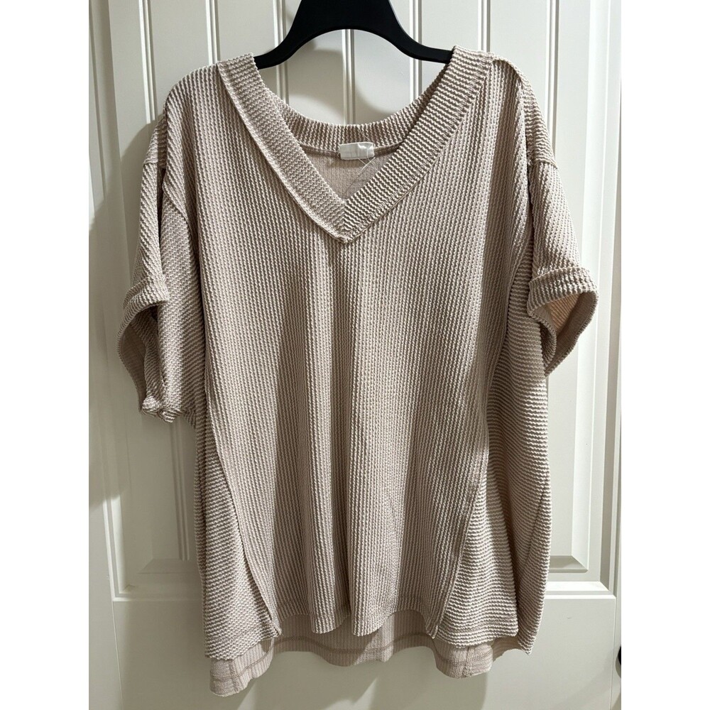 Newin Women’s Plus Sz 1x Ribbed, Beige, Oversized Top SS